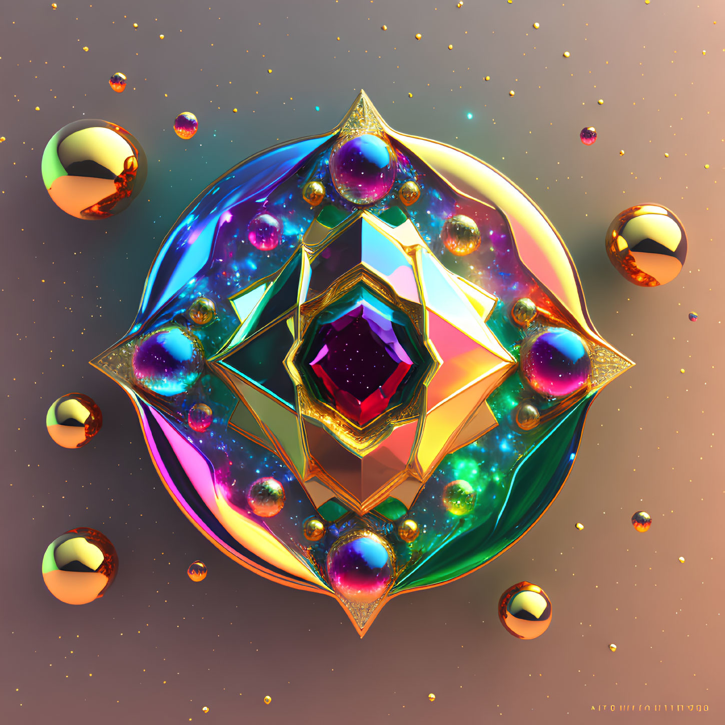 Colorful Crystal Surrounded by Reflective Orbs in Space
