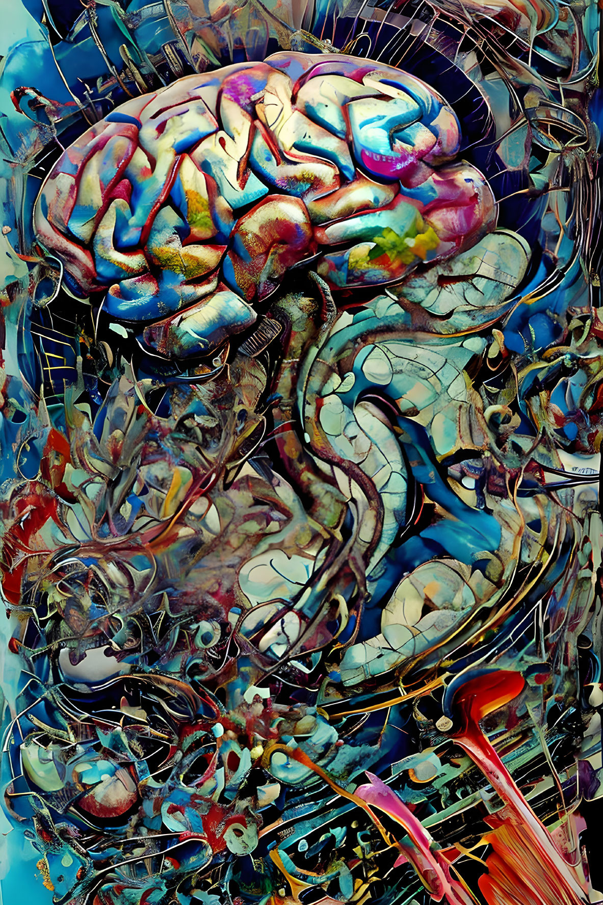 Colorful Abstract Artwork: Brain Connected to Techno-Biological Fusion