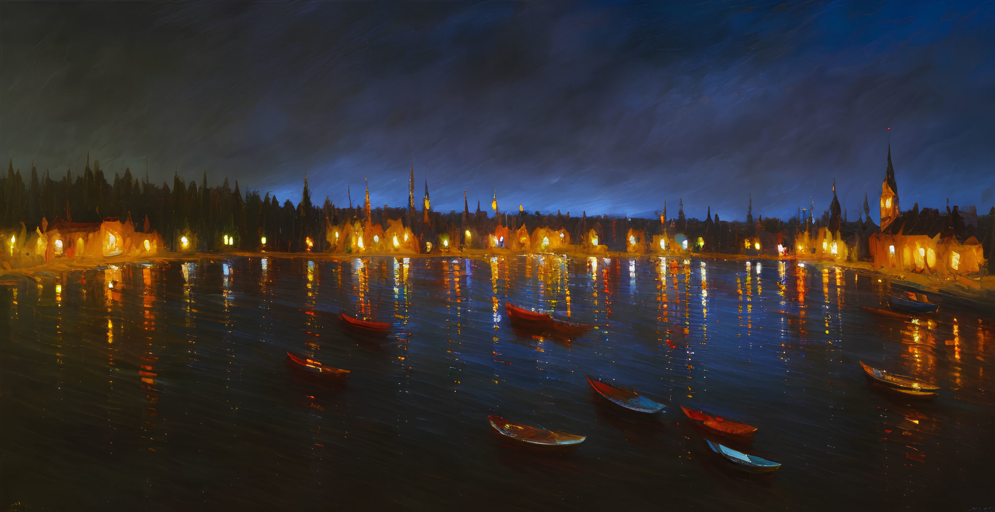 Panoramic nightscape oil painting of city skyline and river boats