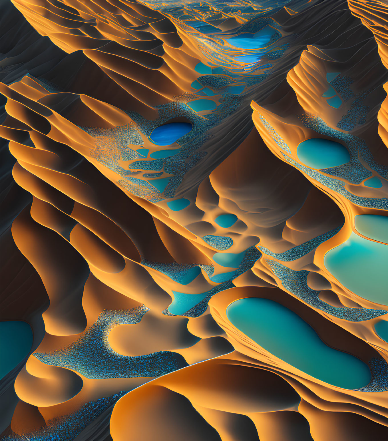3D Fractal Landscape with Layered Structures and Water Pools in Orange and Blue Hues