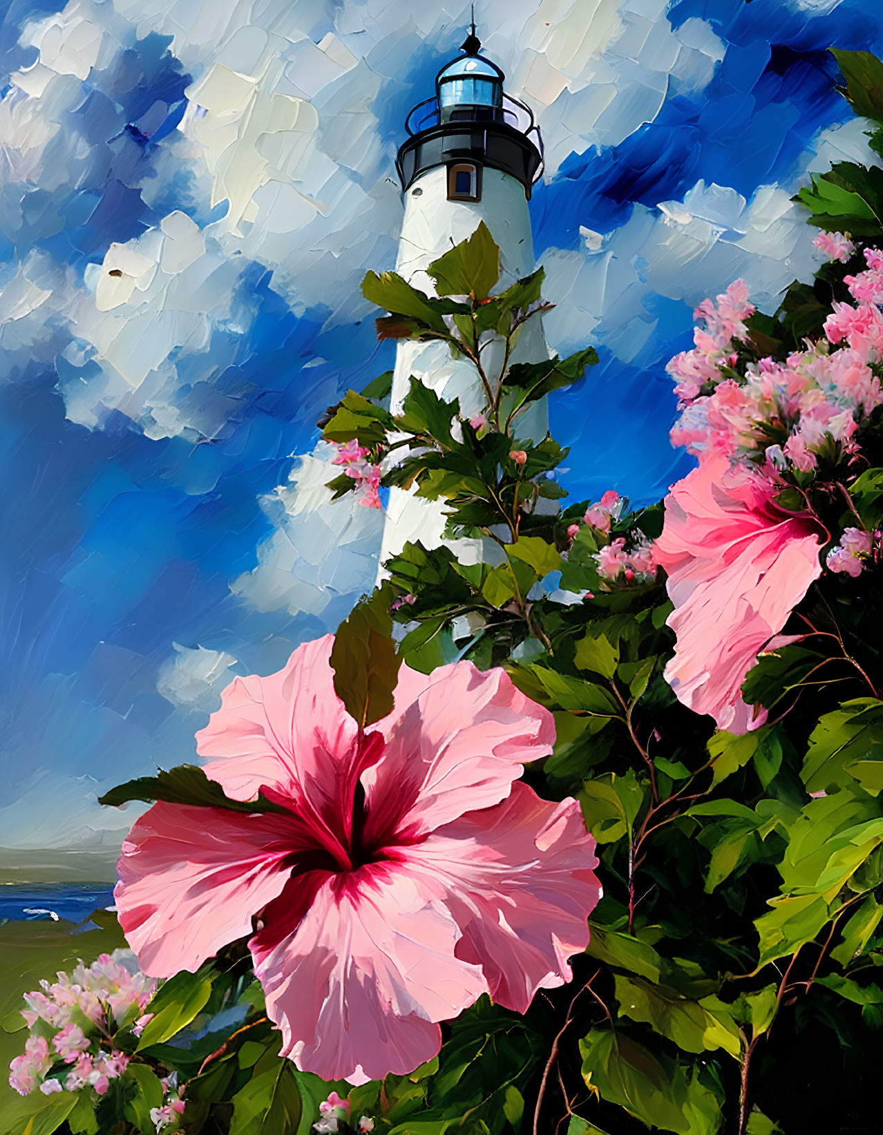 Lighthouse painting with lush greenery and hibiscus flowers
