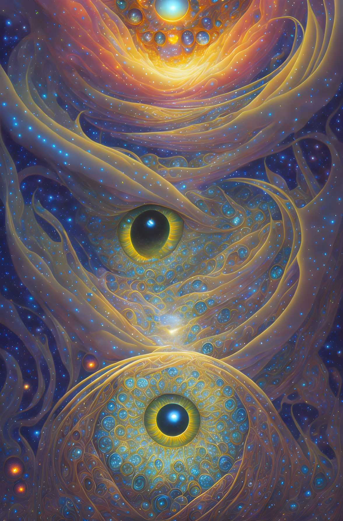 Colorful cosmic artwork with swirling patterns and three eyes against a starry backdrop