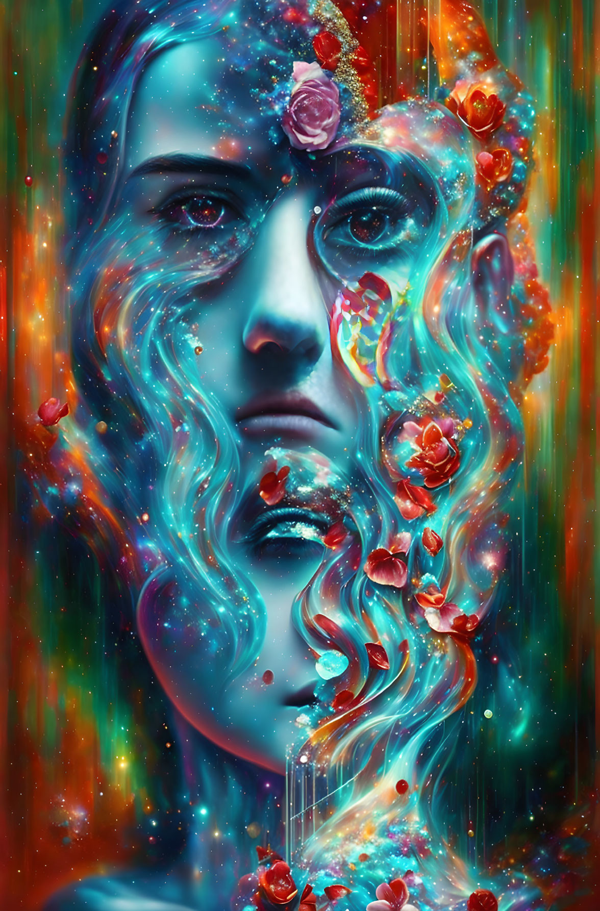 Digital Artwork: Woman merged with cosmic background, adorned with roses