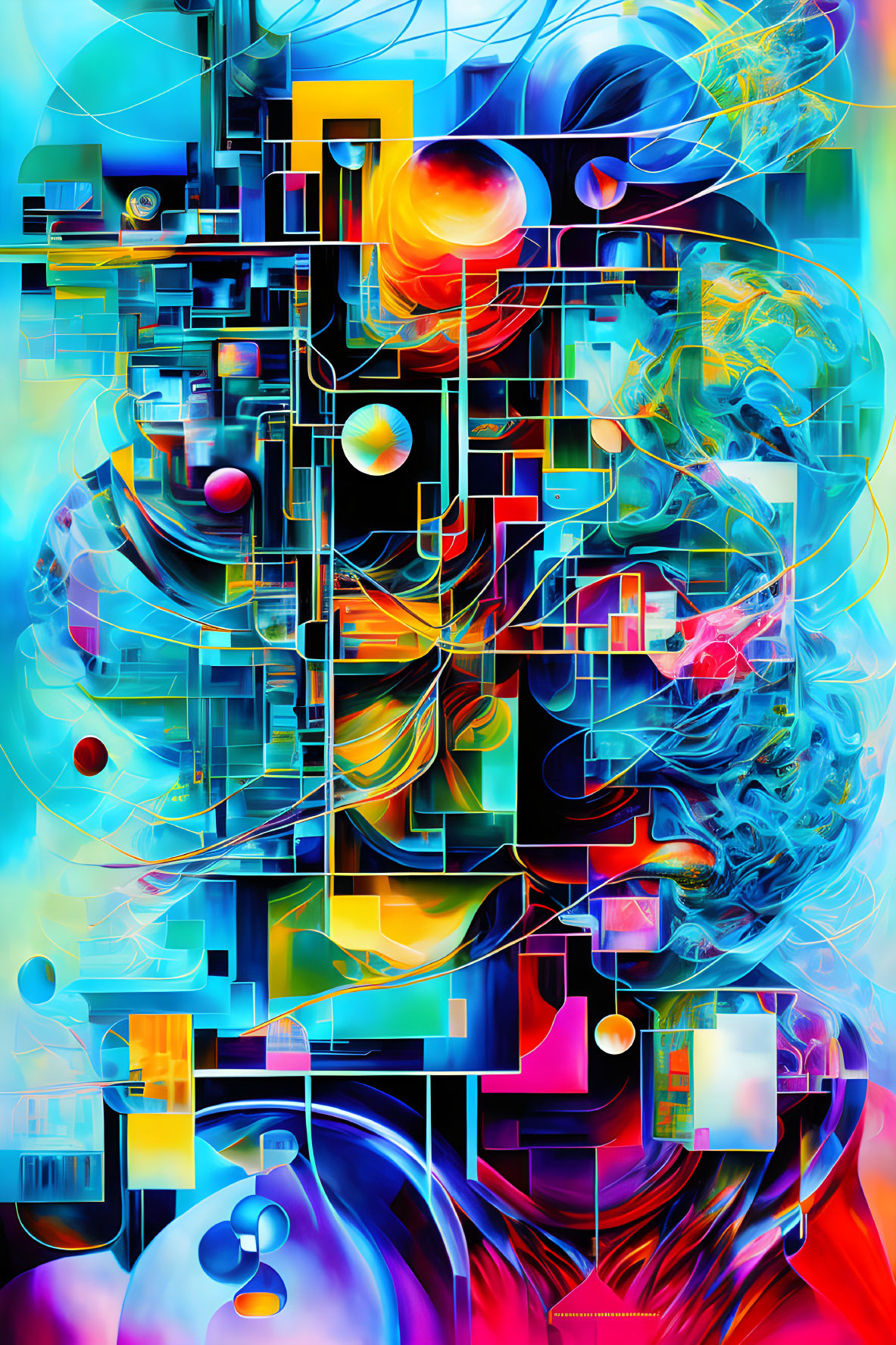 Colorful abstract digital art with geometric patterns and surreal face-like forms