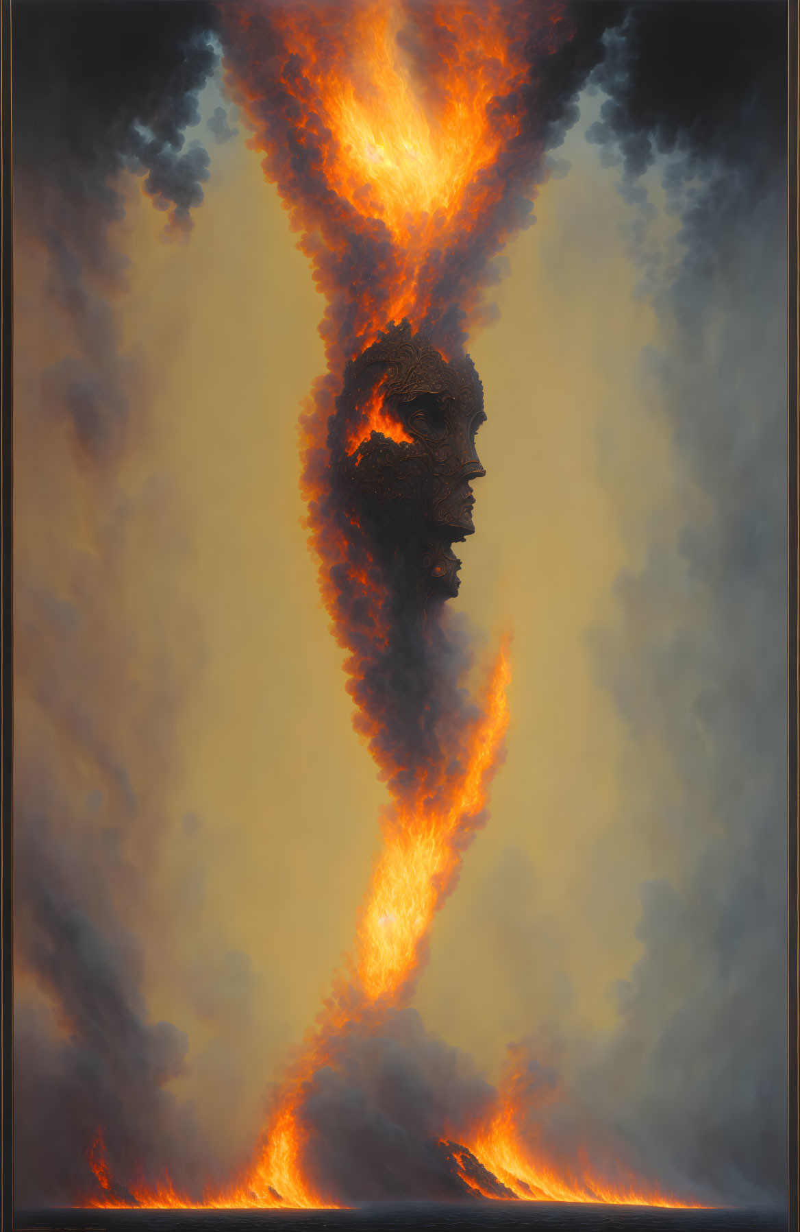 Intense human silhouette in fiery vortex on smoky background