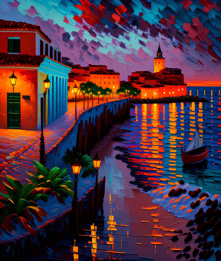 Colorful coastal town painting at dusk with reflection, boat, and illuminated buildings under dynamic sky
