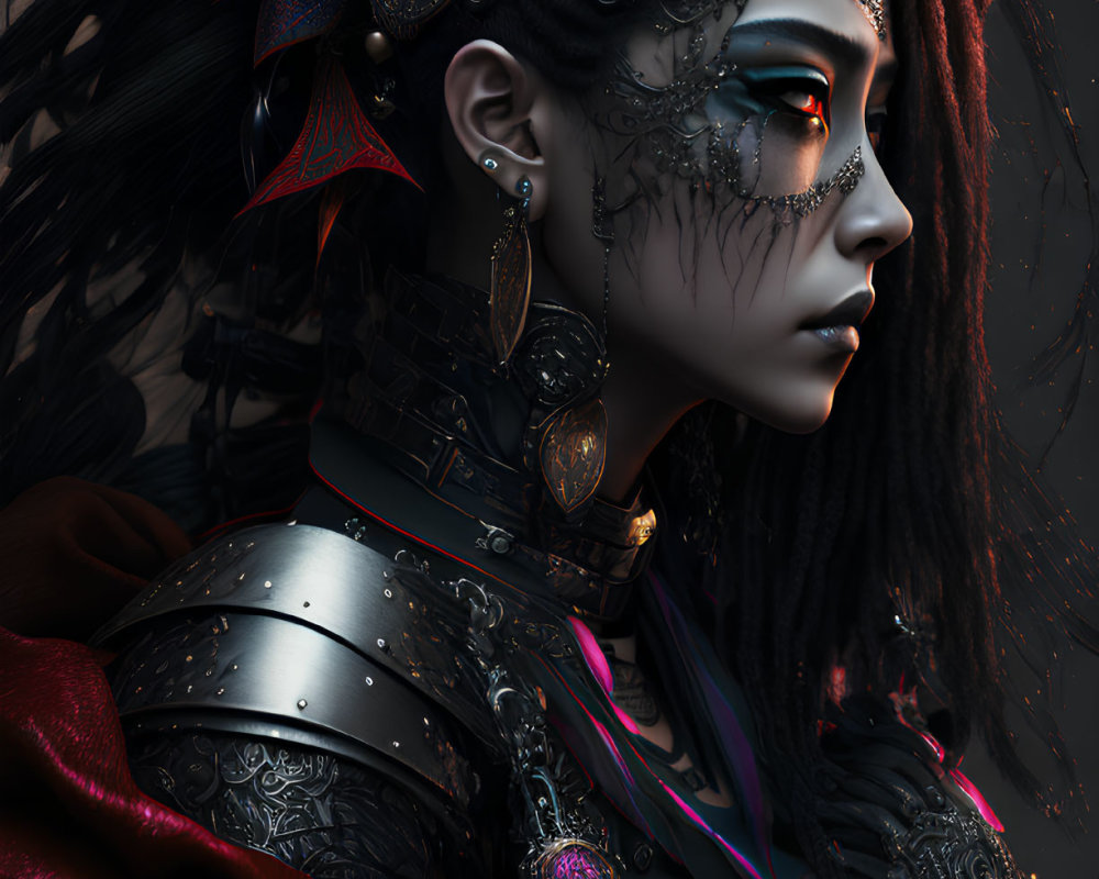 Detailed digital artwork of woman with tribal makeup, ornate jewelry, and armor, emitting mystical aura