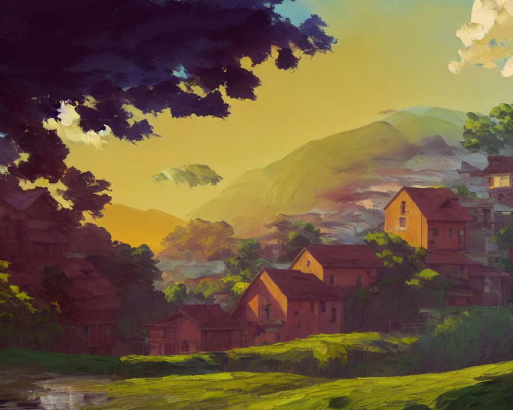 Serene village in lush hills with warm sunlight and dramatic sky