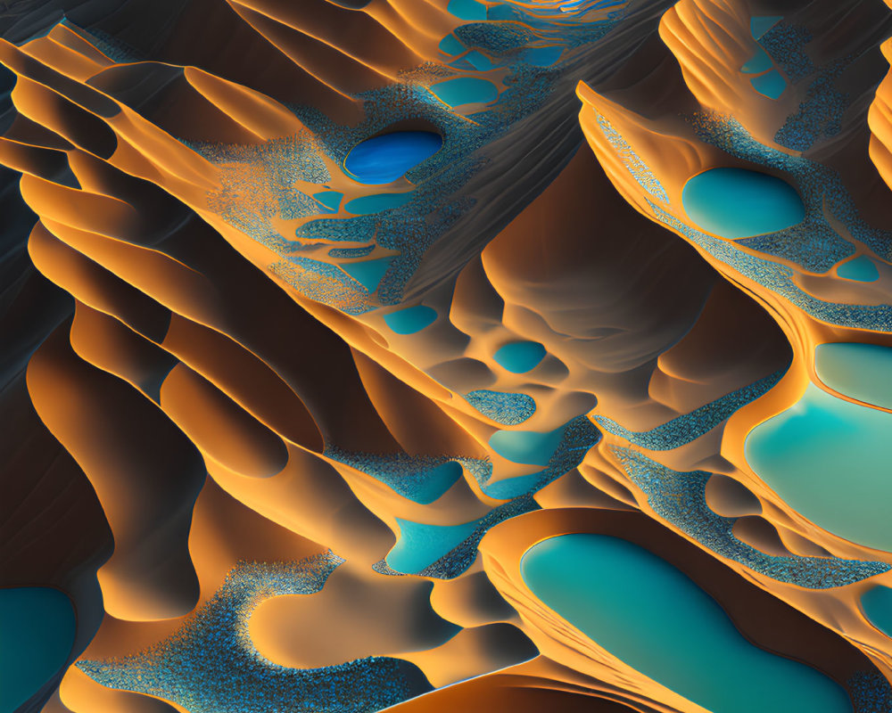 3D Fractal Landscape with Layered Structures and Water Pools in Orange and Blue Hues