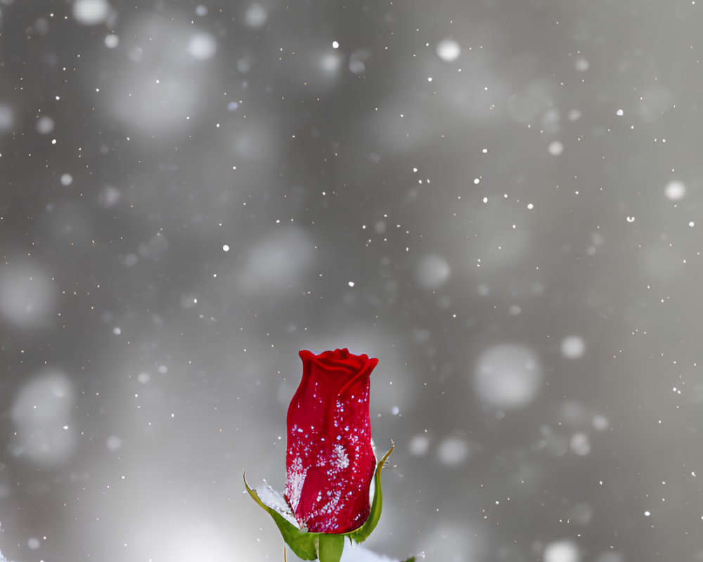 Vibrant Red Rose in Snowy Scene with Falling Snowflakes
