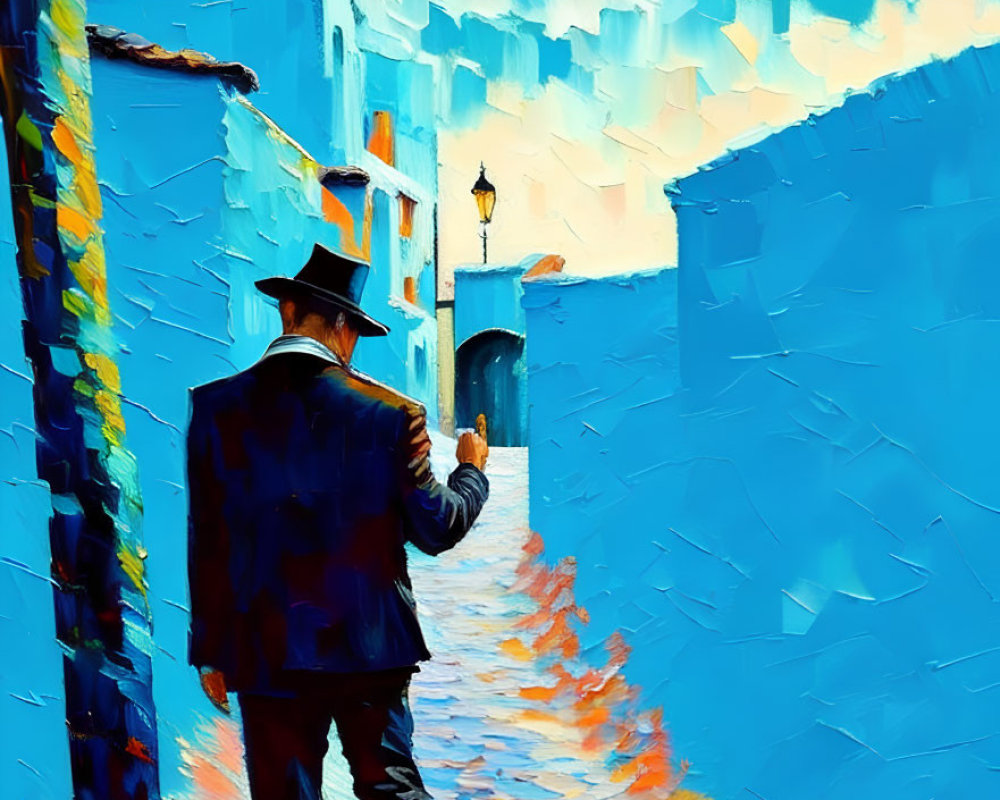 Man in suit and hat walking in vibrant blue alleyway under azure sky