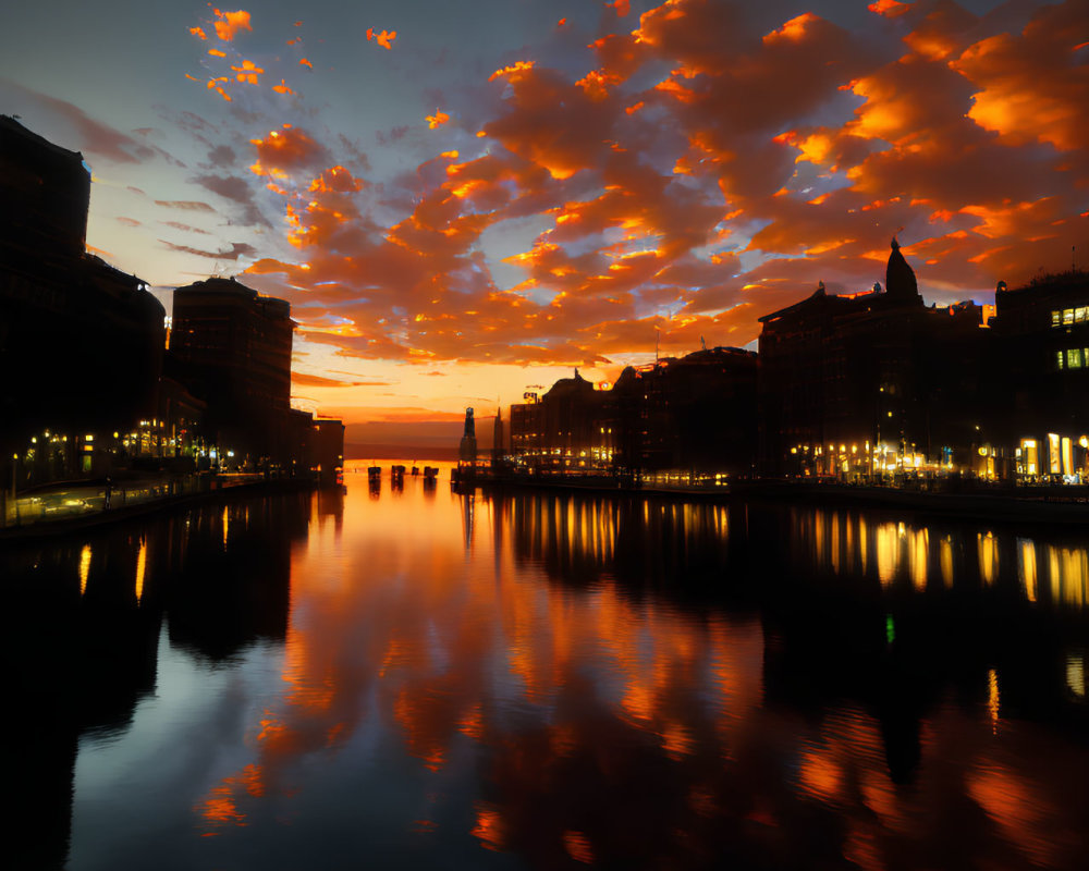 Scenic city river at sunset with orange clouds and illuminated buildings