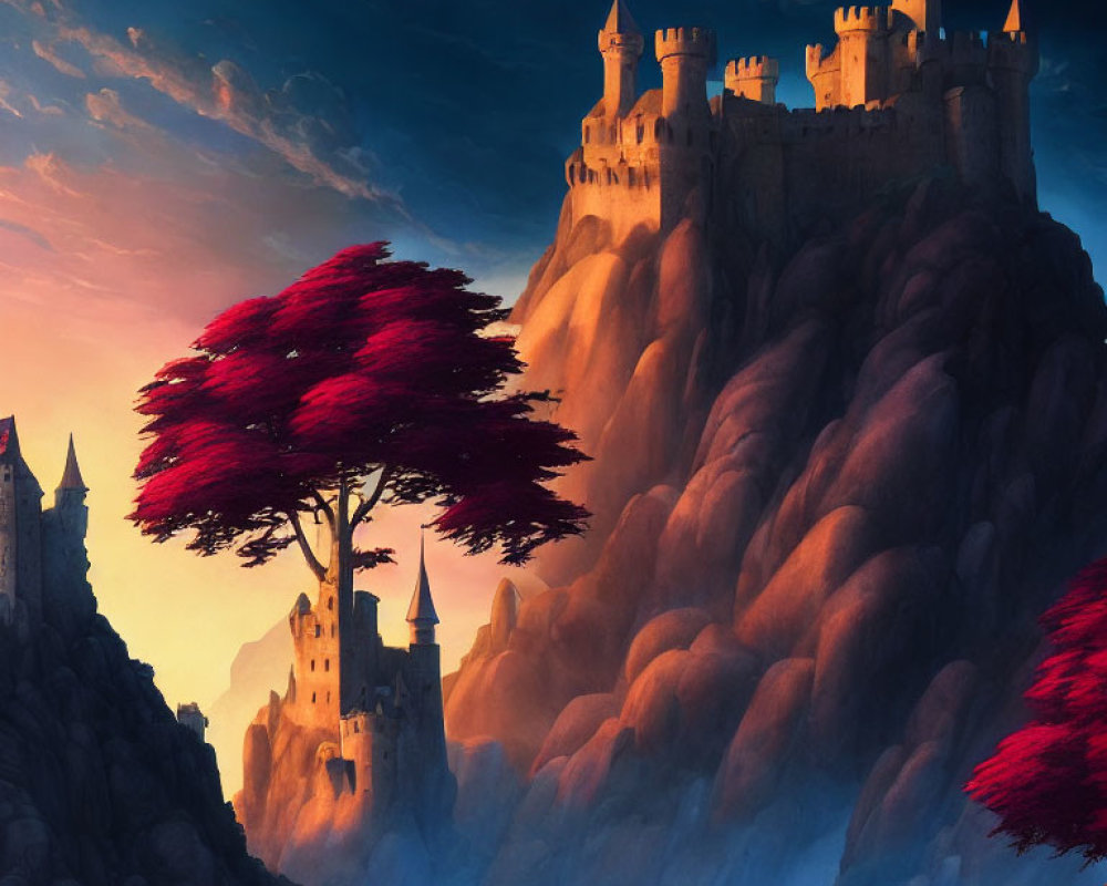 Majestic castle on rugged cliffs in twilight landscape