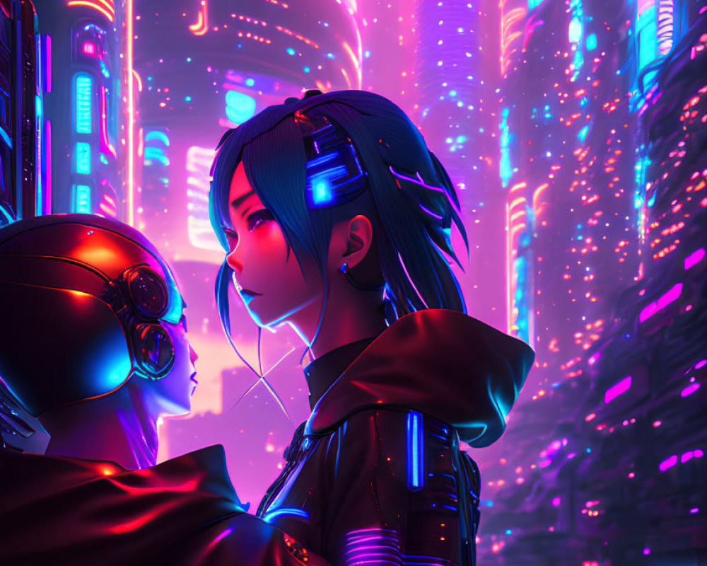 Futuristic characters with cybernetic enhancements overlooking neon-lit cityscape