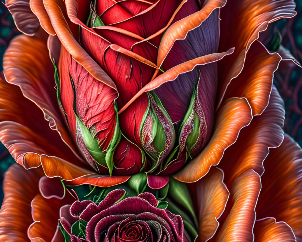 Vibrant bouquet of blooming red and orange roses with intricate textures