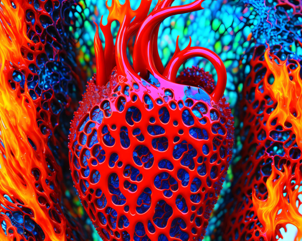 Colorful 3D-rendered heart with porous surface, blue mesh, and fiery orange flames