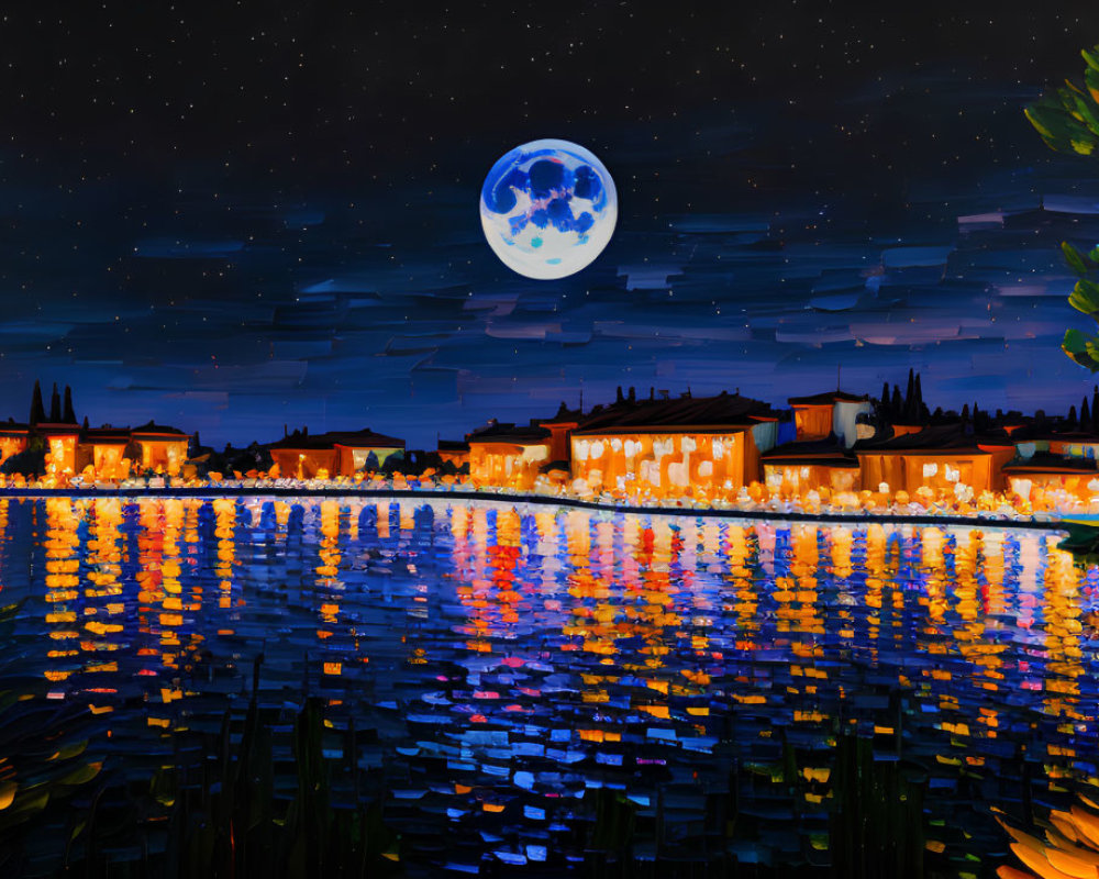 Impressionist-style painting: Nocturnal lakeside village under starry sky