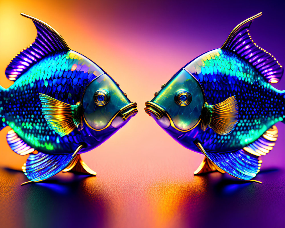 Iridescent Fish on Vibrant Gradient Background with Symmetrical Reflection