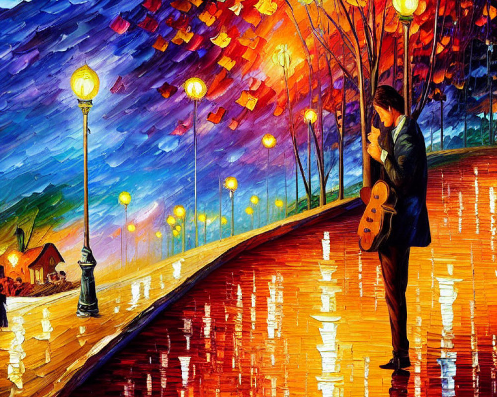 Colorful painting of person with guitar on reflective path