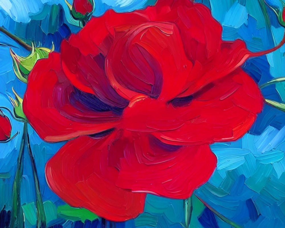 Colorful painting of large red rose on blue background