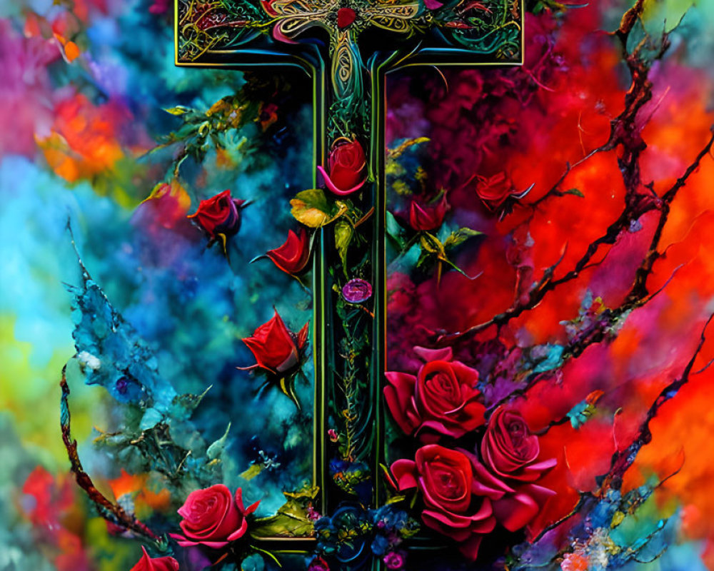 Colorful Abstract Cross with Roses on Swirling Background