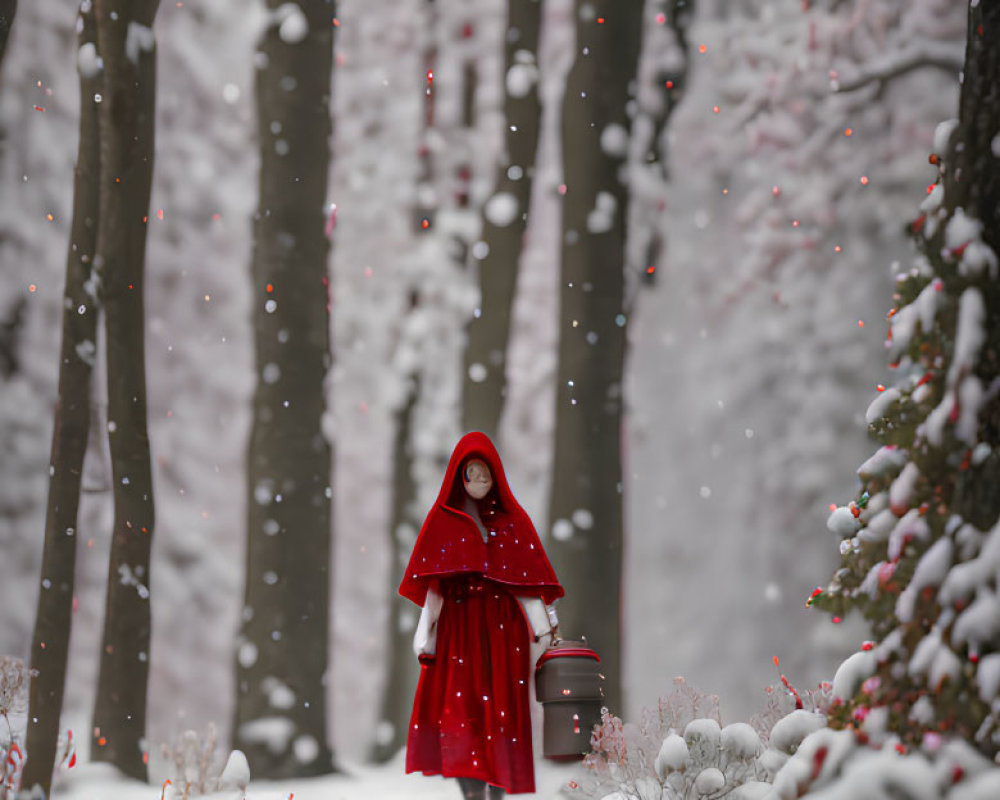 Person in red hooded cloak in snow-covered forest with falling snowflakes