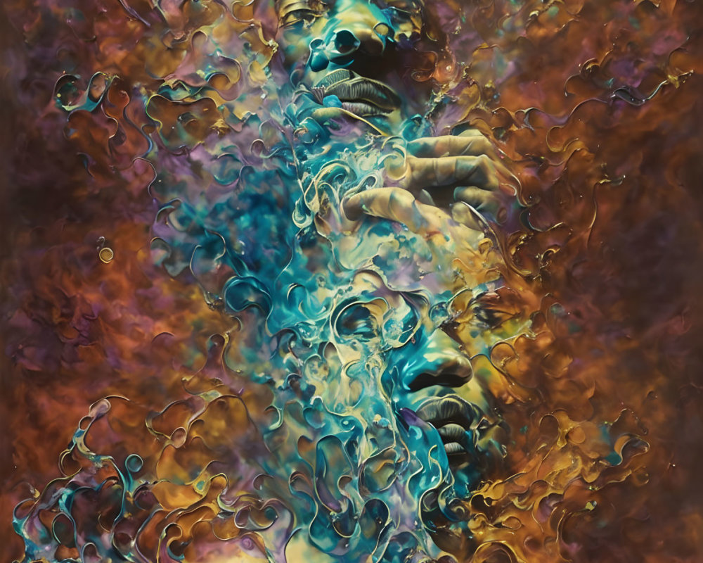 Vibrant surreal artwork: person submerged in water with colorful swirls.