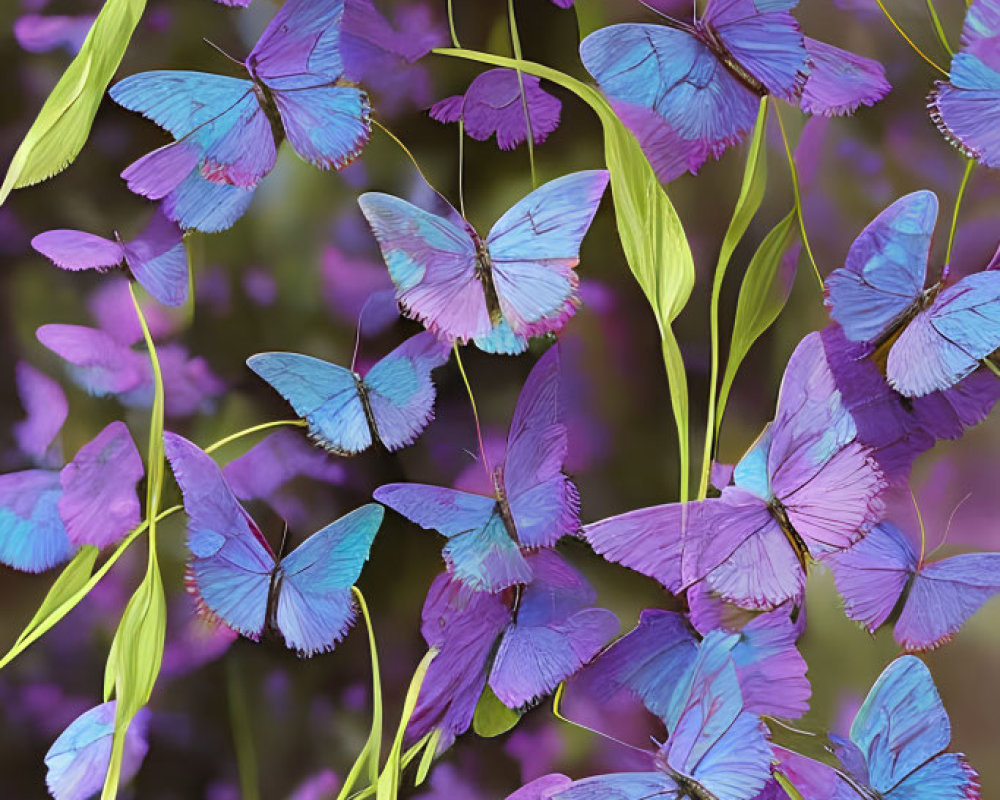 Vibrant blue butterflies on green stems against purple backdrop
