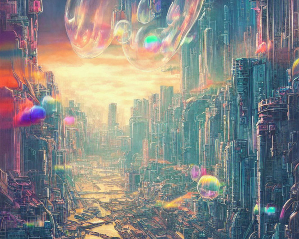 Futuristic cityscape with iridescent bubbles and skyscrapers at sunrise or sunset