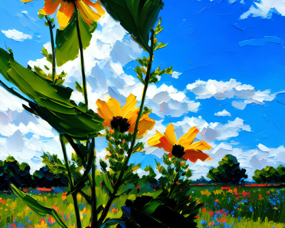 Colorful sunflower painting with bold brushstrokes on blue sky