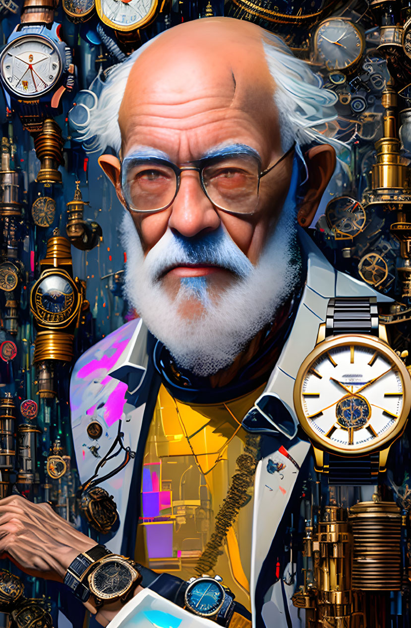 Elderly man with white beard surrounded by watches and gears