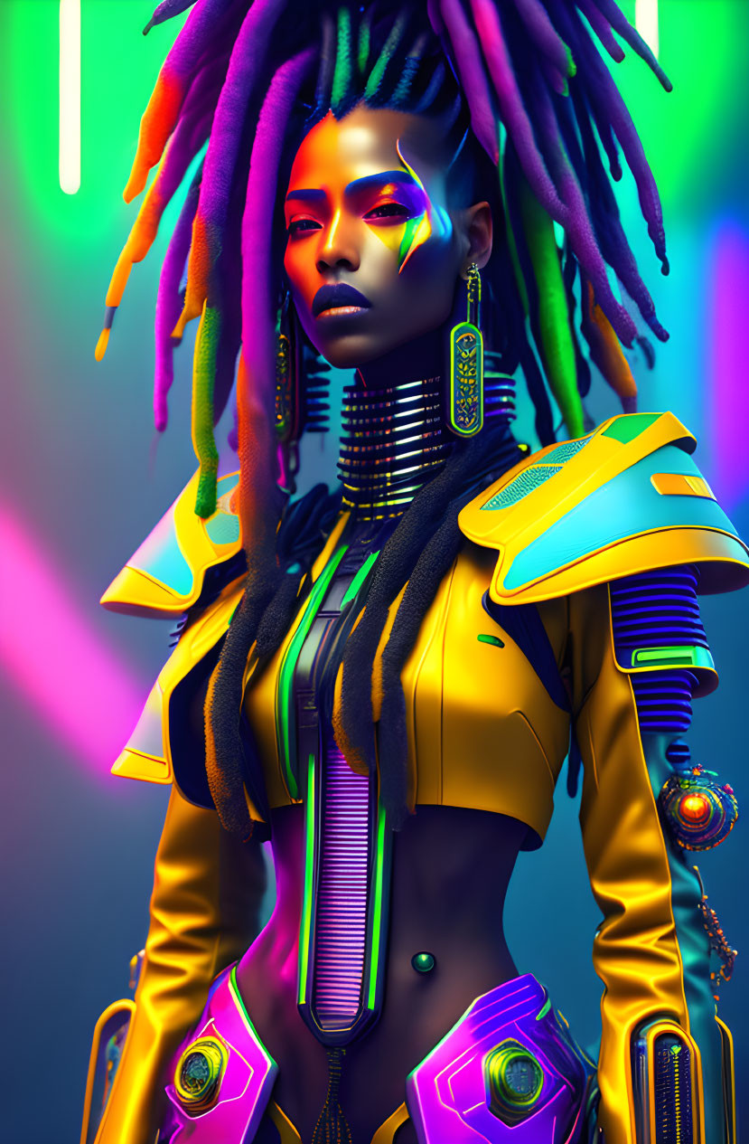 Colorful dreadlocks woman in cyberpunk makeup, yellow jacket, neon background