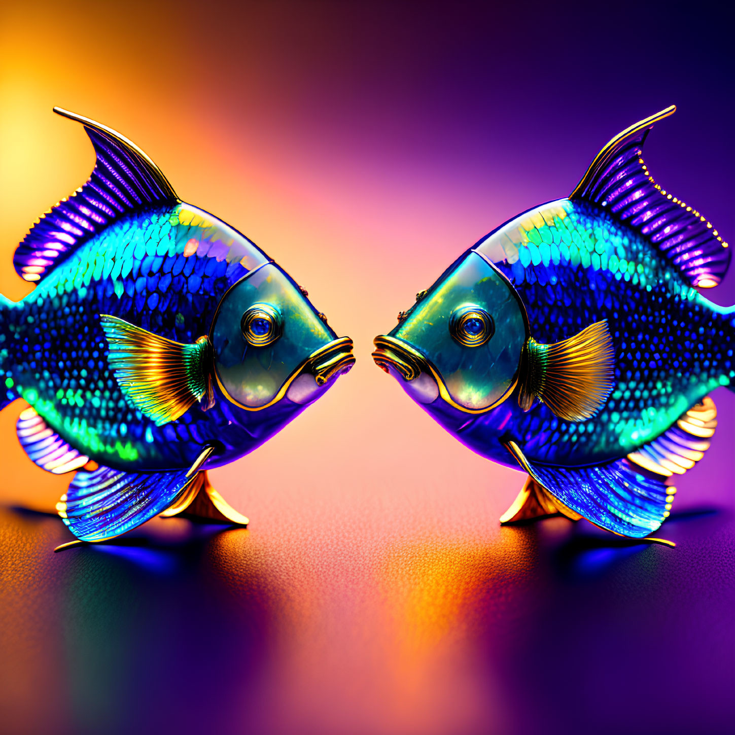 Iridescent Fish on Vibrant Gradient Background with Symmetrical Reflection