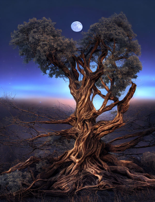Twisted tree with lush foliage under full moon