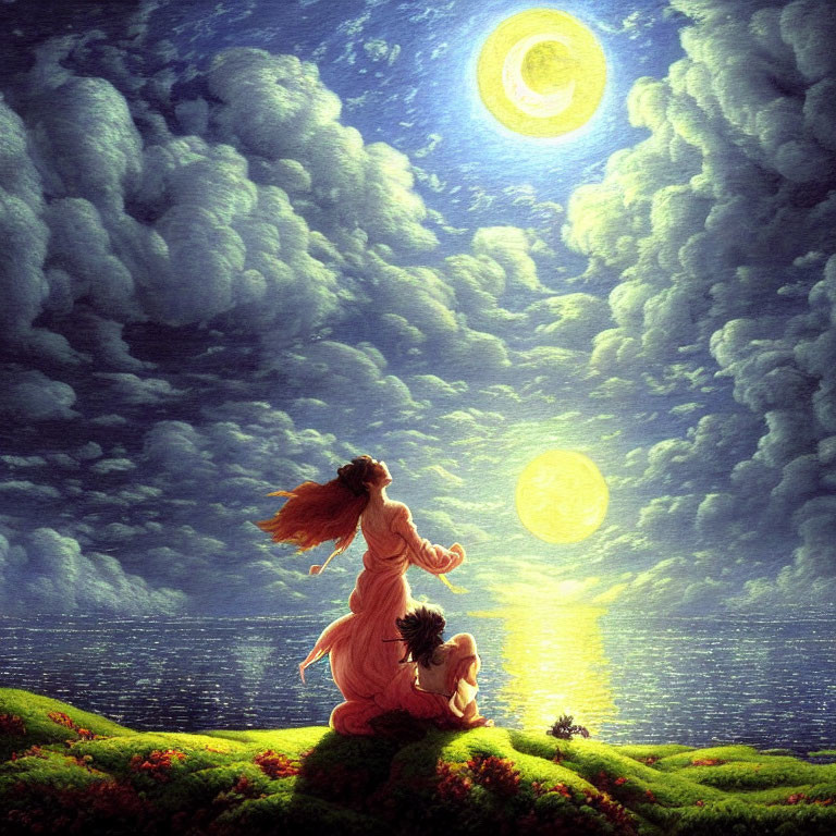 Fantastical landscape with figures under sky featuring moon, sun, and clouds