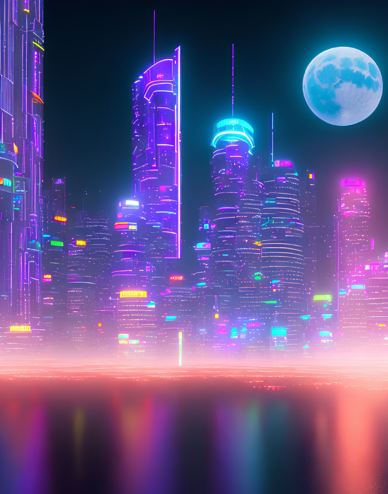 Futuristic cyberpunk cityscape with neon lights and moonlit sky