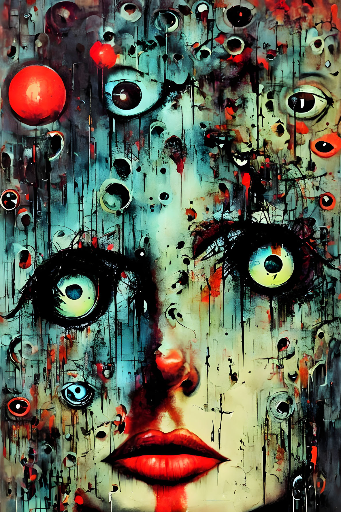 Surreal female face with multiple eyes and colorful paint drips, red accents, and apple.