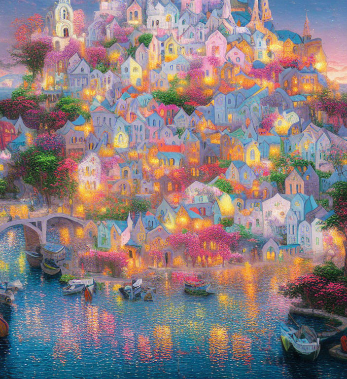Colorful Village on Hillside with River, Boats, and Glowing Lights