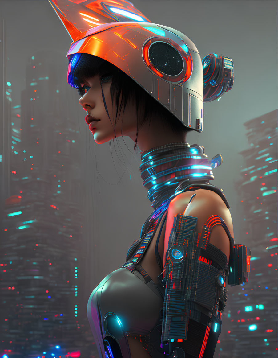 Futuristic female figure with cybernetic enhancements and high-tech helmet in neon cityscape