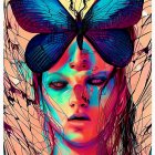 Colorful Artwork: Woman's Face with Butterfly and Ornate Patterns