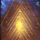 Person standing before colossal glowing pyramid with cosmic patterns and smaller pyramids under starry sky.
