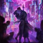 Futuristic characters with cybernetic enhancements overlooking neon-lit cityscape