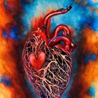 Colorful 3D-rendered heart with porous surface, blue mesh, and fiery orange flames