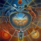 Surrealist painting with eyes, celestial bodies, and organic shapes
