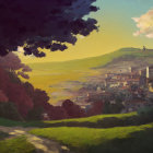 Serene village in lush hills with warm sunlight and dramatic sky