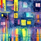 Colorful Abstract Cityscape with Water Reflections and Starry Sky