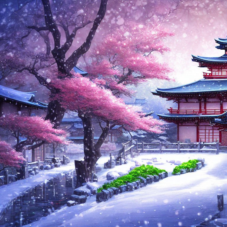 Traditional Japanese temple with cherry blossoms in snow