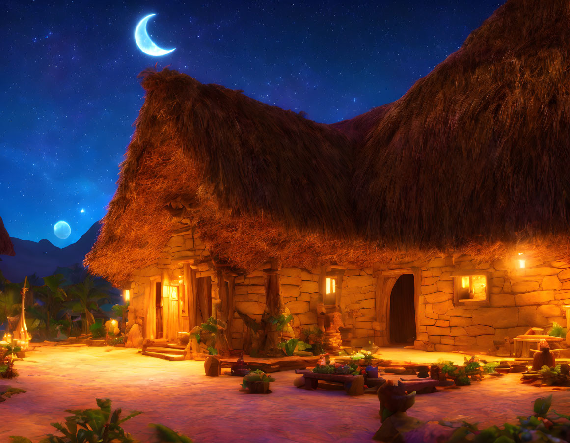 Anime style historic house under the stars.