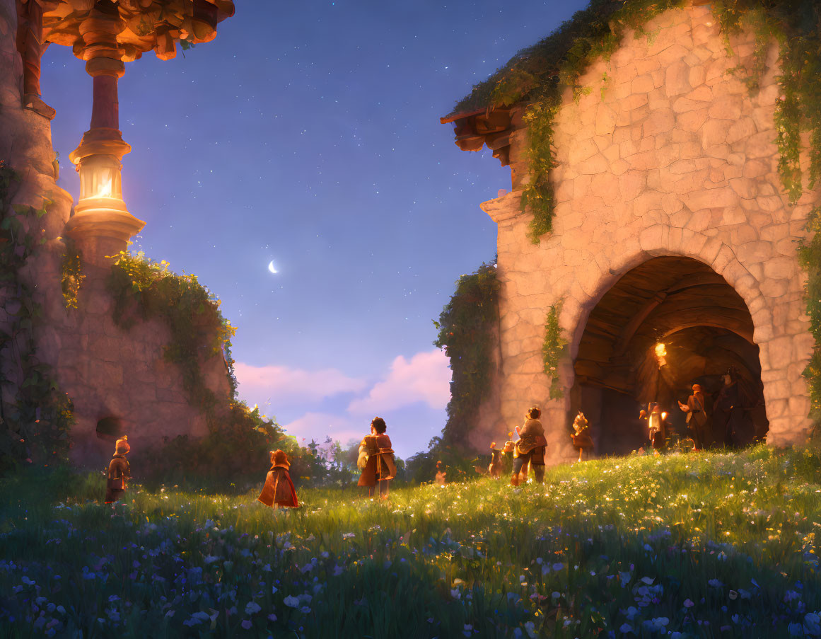 Enchanting twilight scene with children in meadow near ancient tunnel and ruins