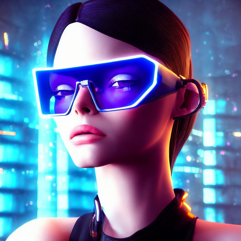 Futuristic digital artwork of woman with glowing blue neon glasses